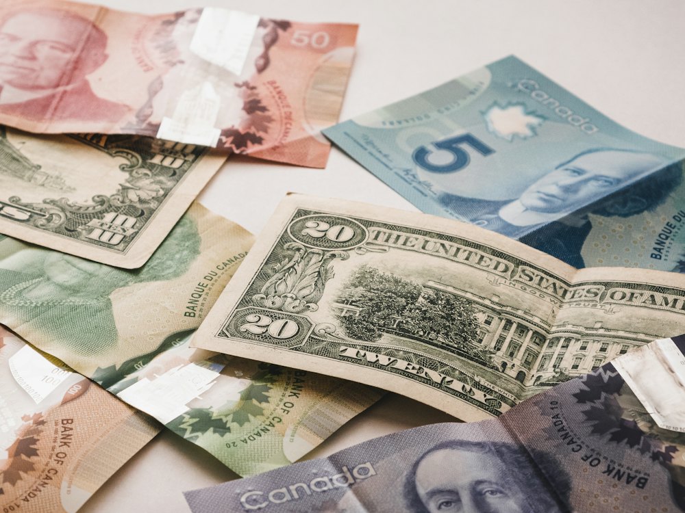 Canadian banknotes on a table